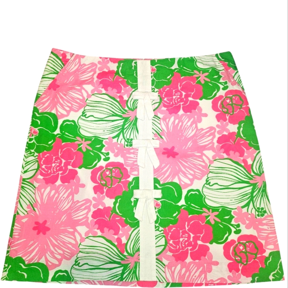 Lilly Pizzeir Floral Pink and Green Bows Down Middle Skirt Size 8 Like New